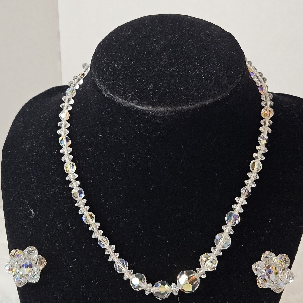 Vintage 50/60s Clear Faceted AB Necklace and earrings